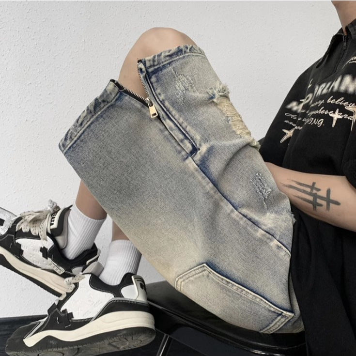 American High Street Retro Tattered Jeans Denim Shorts Wide Leg