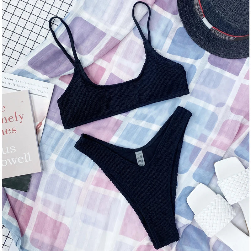 7 Colors Wrinkled Crinkled Triangle Bikini Women Swimwear Female Swimsuit Two-pieces Bikini set Bather Bathing Suit Swim Lady