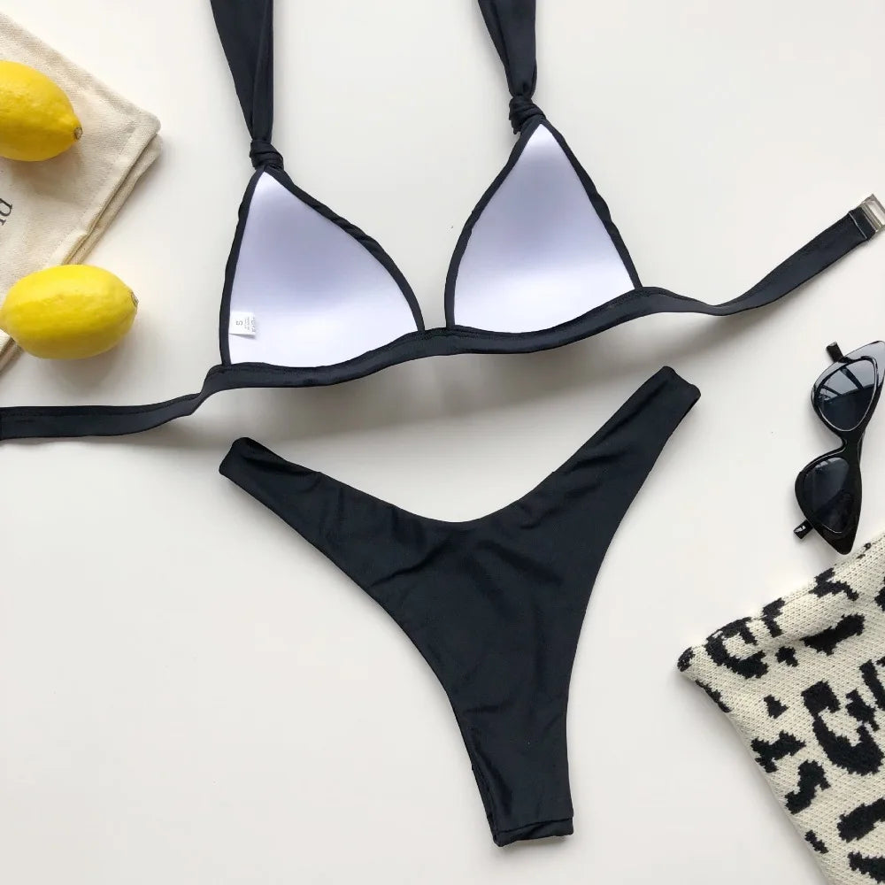 2025 Halter Bra Cup Bikini Sexy Swimsuit Female White Swimwear Women Push up Bikini set Brazilian Bathing Suit Bandeau Swim suit