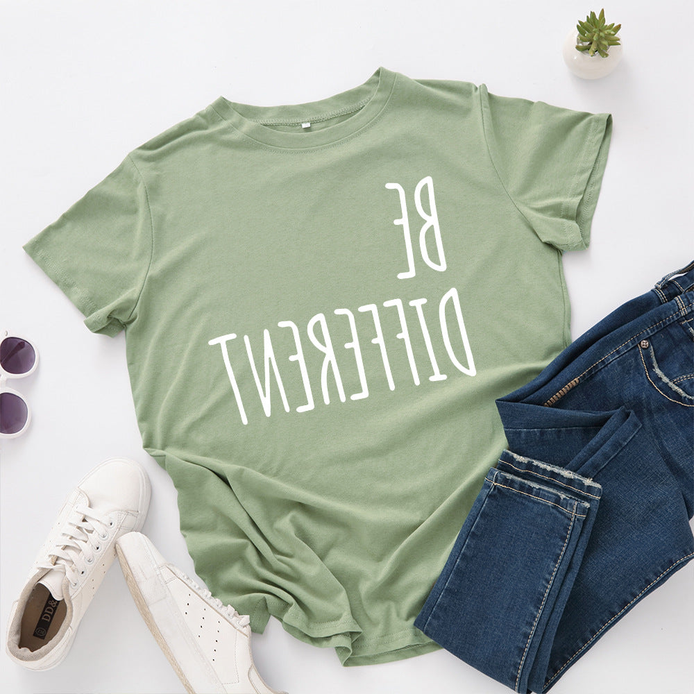 Be Different Upside Down Letter Print T Shirt Women Short Sleeve O Neck Loose Tshirt Women Causal Tee Shirt Tops Camisetas Mujer