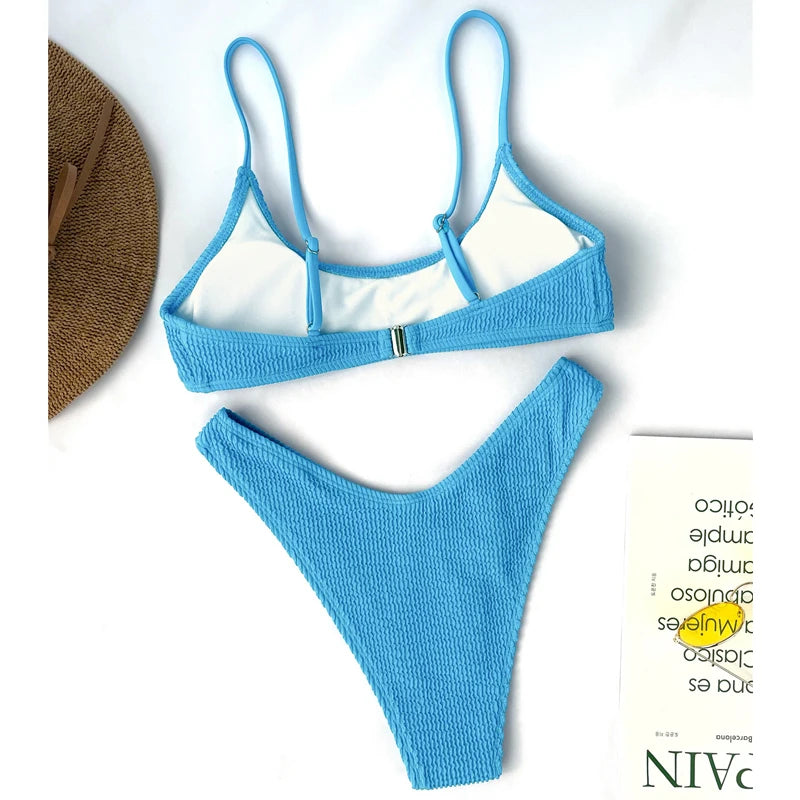 7 Colors Wrinkled Crinkled Triangle Bikini Women Swimwear Female Swimsuit Two-pieces Bikini set Bather Bathing Suit Swim Lady