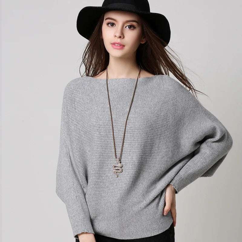 19 Colors Women Knitted Long Batwing Sleeves Loose Sweater Autumn Outstreet High Stretch Knitwear Wide Collar Pullover Knits