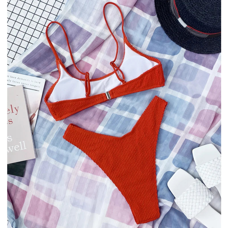 7 Colors Wrinkled Crinkled Triangle Bikini Women Swimwear Female Swimsuit Two-pieces Bikini set Bather Bathing Suit Swim Lady
