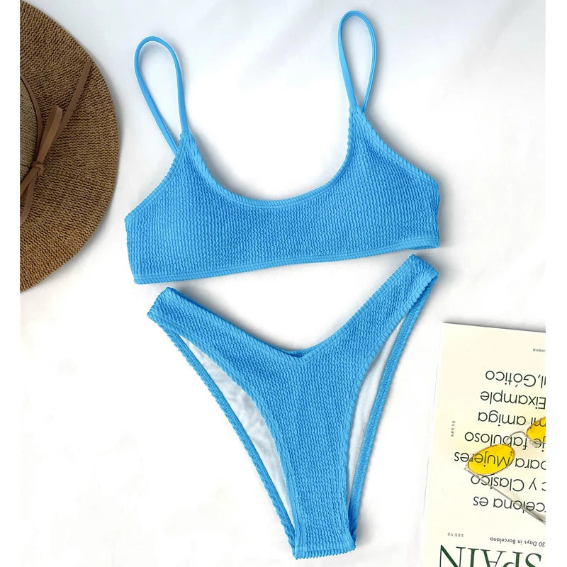 7 Colors Wrinkled Crinkled Triangle Bikini Women Swimwear Female Swimsuit Two-pieces Bikini set Bather Bathing Suit Swim Lady