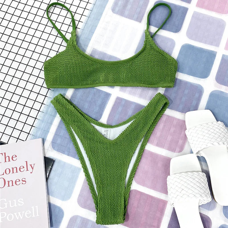 7 Colors Wrinkled Crinkled Triangle Bikini Women Swimwear Female Swimsuit Two-pieces Bikini set Bather Bathing Suit Swim Lady