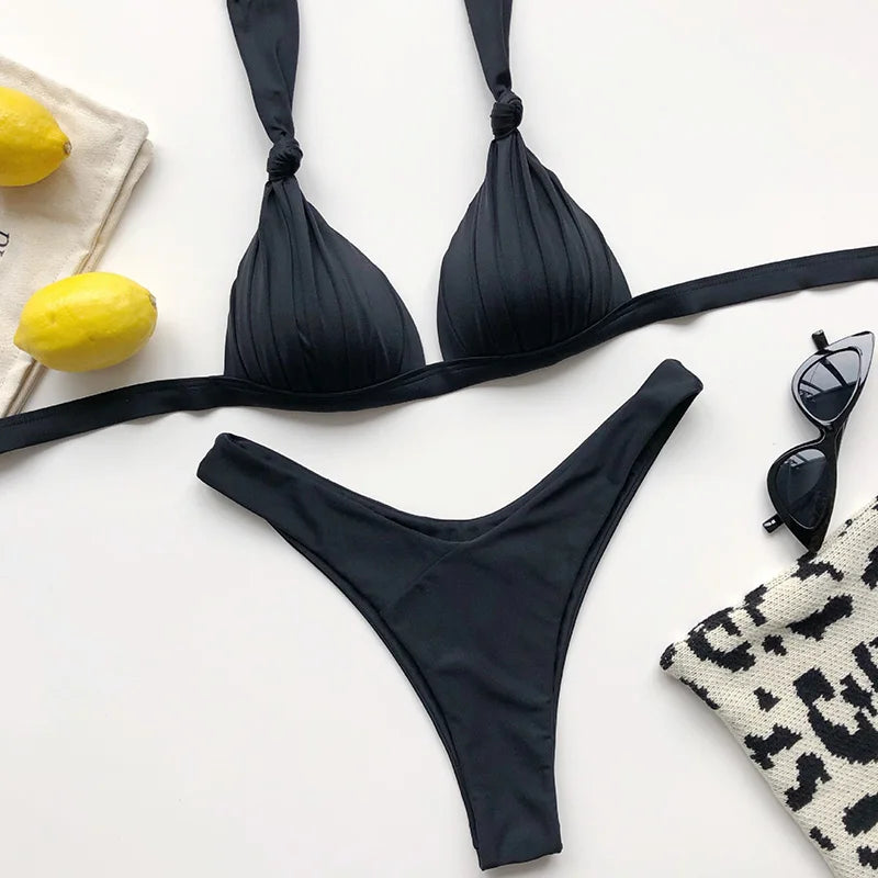 2025 Halter Bra Cup Bikini Sexy Swimsuit Female White Swimwear Women Push up Bikini set Brazilian Bathing Suit Bandeau Swim suit