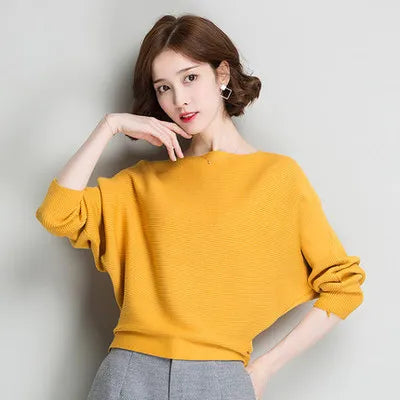 19 Colors Women Knitted Long Batwing Sleeves Loose Sweater Autumn Outstreet High Stretch Knitwear Wide Collar Pullover Knits