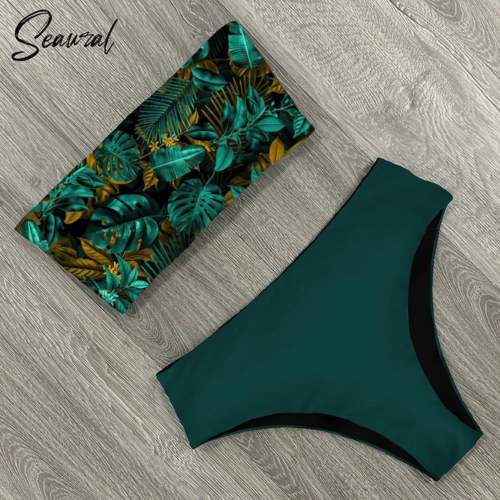 2024 New Sexy Low Hight Bikini Set Swimwear Women Bandeau Female Print Floral Strappy Swimsuit Bathing Suit Beach Wear Biquini