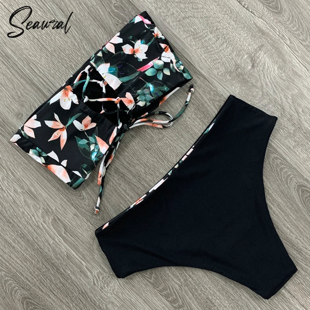 2024 New Sexy Low Hight Bikini Set Swimwear Women Bandeau Female Print Floral Strappy Swimsuit Bathing Suit Beach Wear Biquini