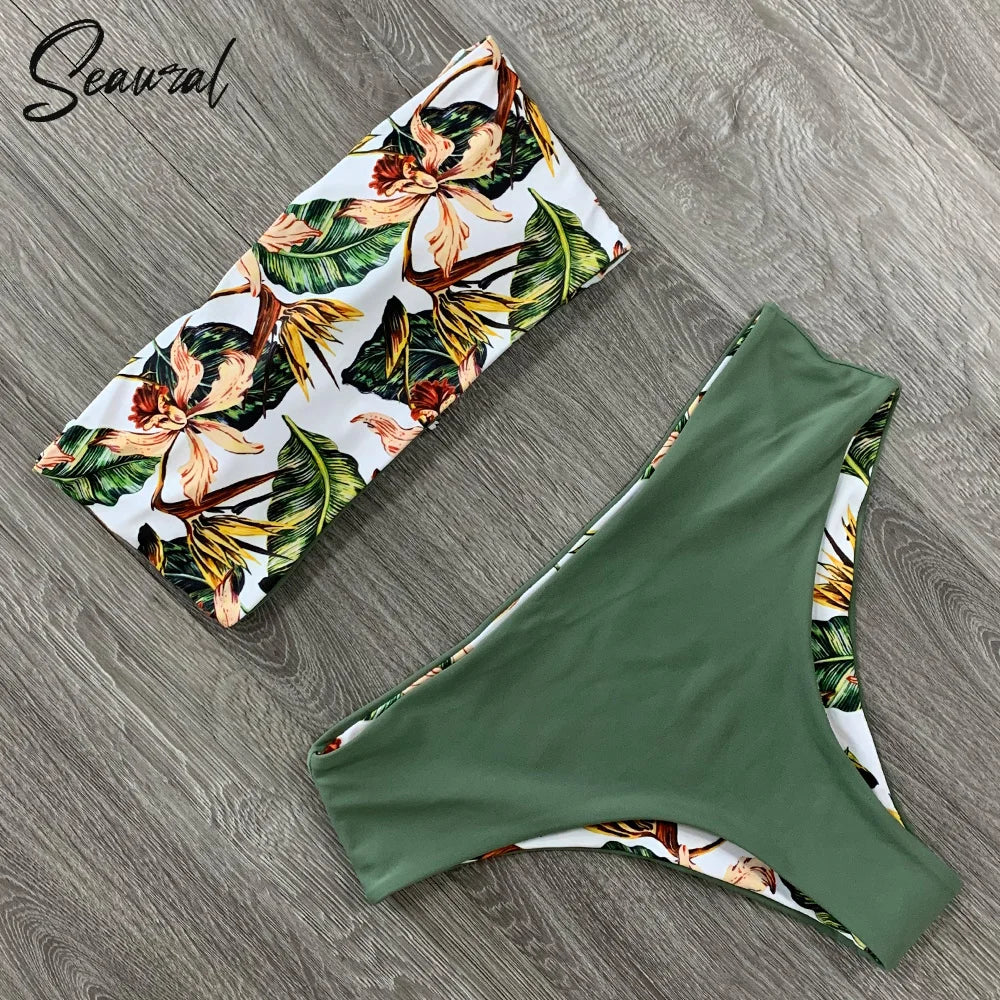 2024 New Sexy Low Hight Bikini Set Swimwear Women Bandeau Female Print Floral Strappy Swimsuit Bathing Suit Beach Wear Biquini