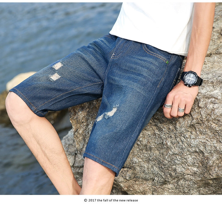 29-40 New Summer Men's Personalized Washable Perforated Denim Pants Large Casual Middle Pants