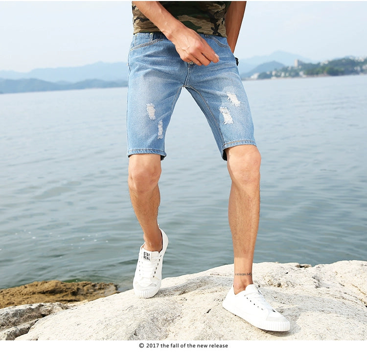 29-40 New Summer Men's Personalized Washable Perforated Denim Pants Large Casual Middle Pants
