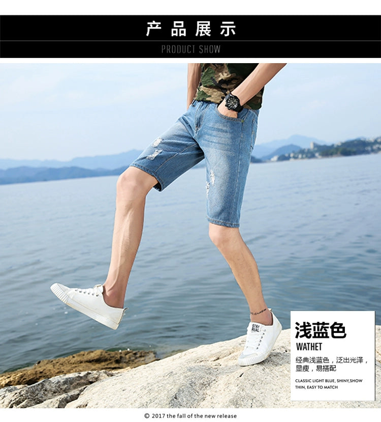 29-40 New Summer Men's Personalized Washable Perforated Denim Pants Large Casual Middle Pants