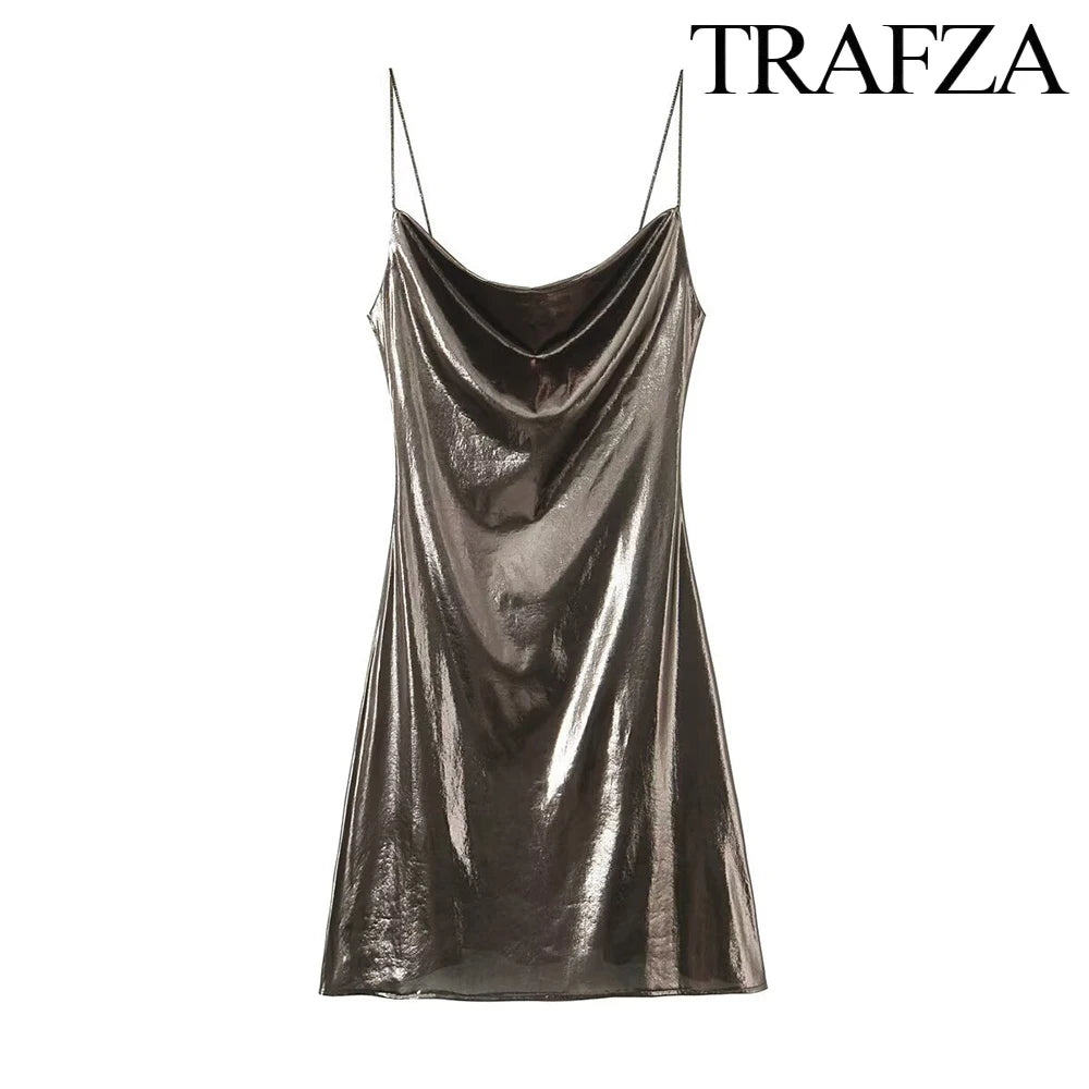 TRAF Women's Metallic Colour Glitter Dress Sexy Backless Sleeveless Spaghetti Strap Dresses Party Bar Sleeveless Short Dresses