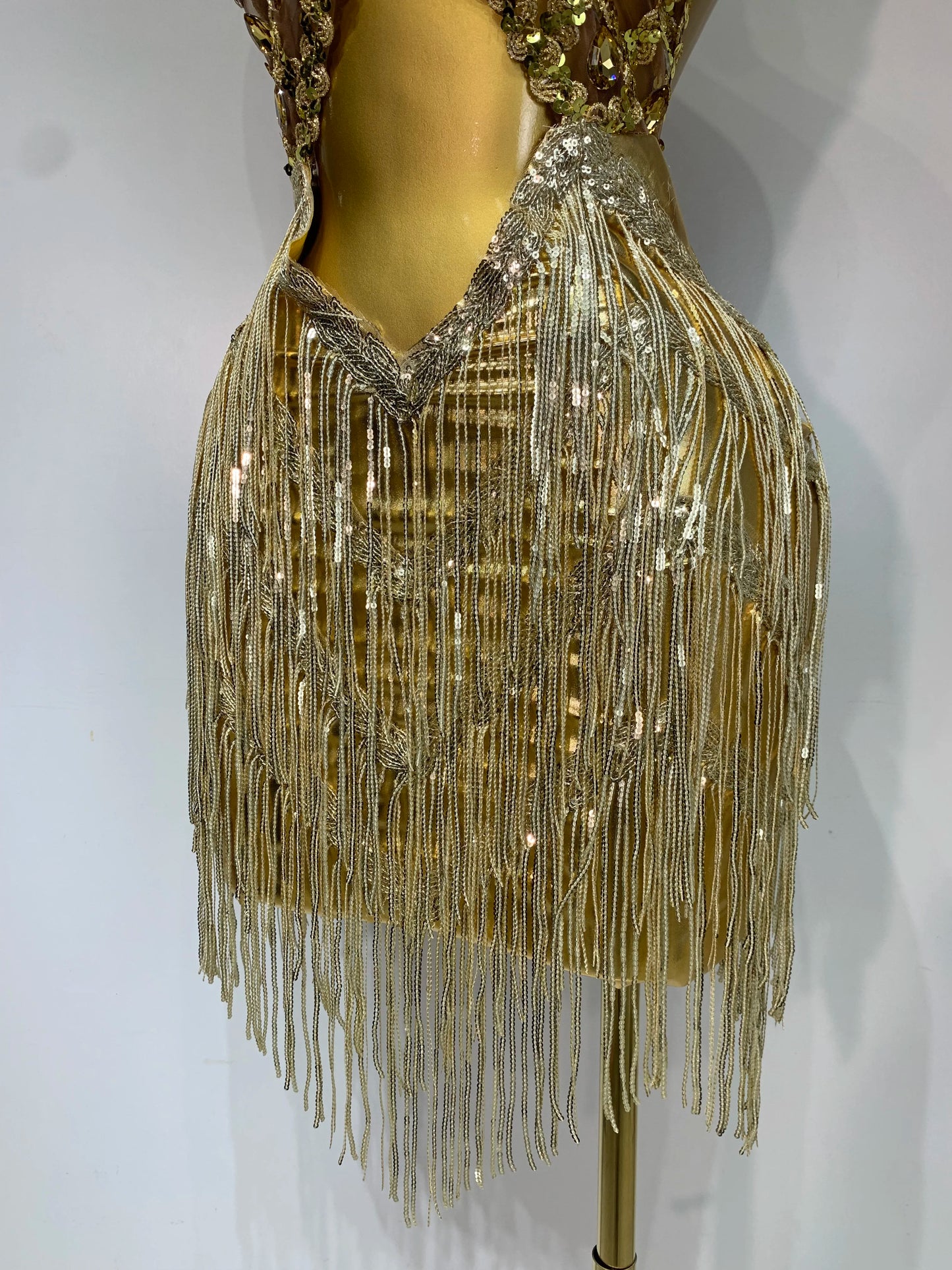 Women Birthday Party Rhinestones Tassels Transparent Short Dress Dance Show 2025 New Sexy Fashion Gold Sparkly Stage Costume