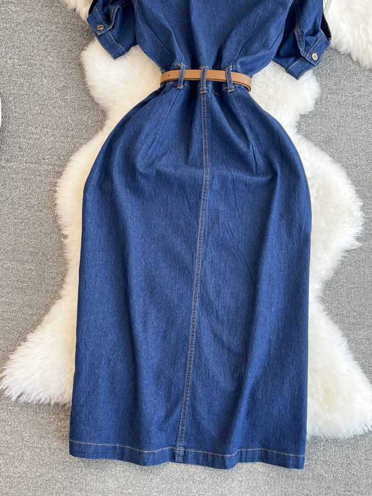 XFPV Women's Sweet Short Denim Dress For Women Belt Slim Short Sleeved Vestidos Korean Fashion Spring Summer 2025 SM11153