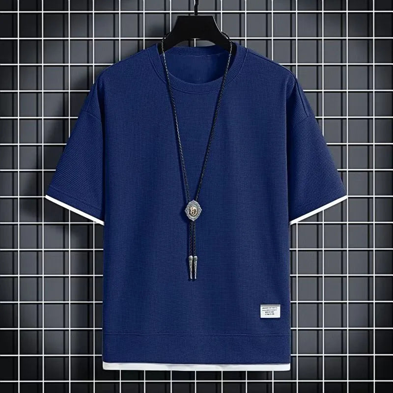1pcs Men Summer T-Shirt Man Short Sleeved Waffle Solid T-Shirt Male Solid Color Casual Tee Round Men's Round Neck Fashion Top