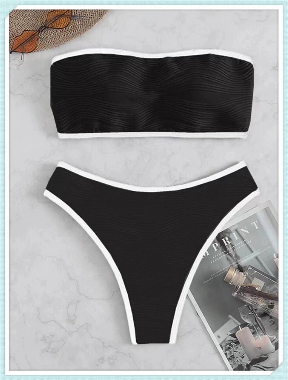 2023 Women Sexy Thong Swimsuit Push Up Swimwear Contrast Binding Bandeau Bikinis Female Bathing Suit Swimming Summer Beachwear