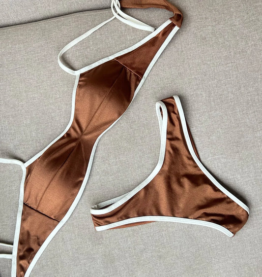 2025Sexy Bikini Women Swimsuit Female Swimwear Bandeau Biquini Thong Bathing Suit Shiny Swimming Suits Halter Bodysuit Beachwear