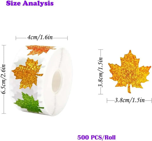 500Pcs Fall Thanksgiving Leaf Stickers 5 Colors Maple Leaf Decals Holographic Self Adhesive Label Stickers Roll for Autumn