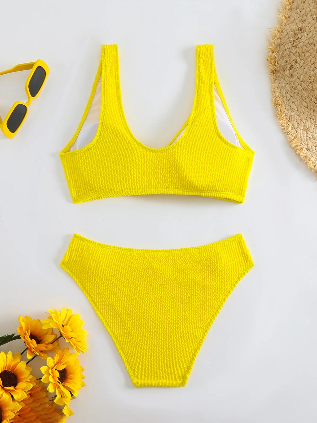 2025 Summer New Women's 2 Piece Swimsuit Solid Color High Waist Bikini Set V-neck Backless Beach Vacation Bathing Suit Swimwear