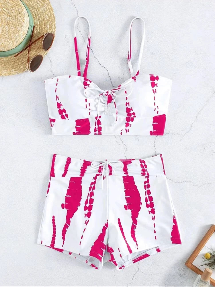 2025 Tie Dye Bikini Drawstring Swimsuit Women High Waist Shorts Swimwear Female Padded Bathing Suit Swimming Beachwear Summer