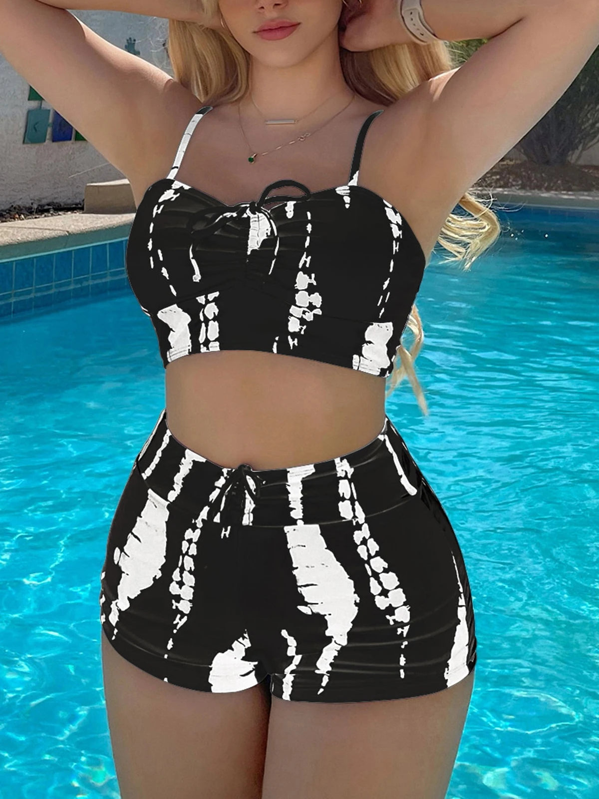 2025 Tie Dye Bikini Drawstring Swimsuit Women High Waist Shorts Swimwear Female Padded Bathing Suit Swimming Beachwear Summer