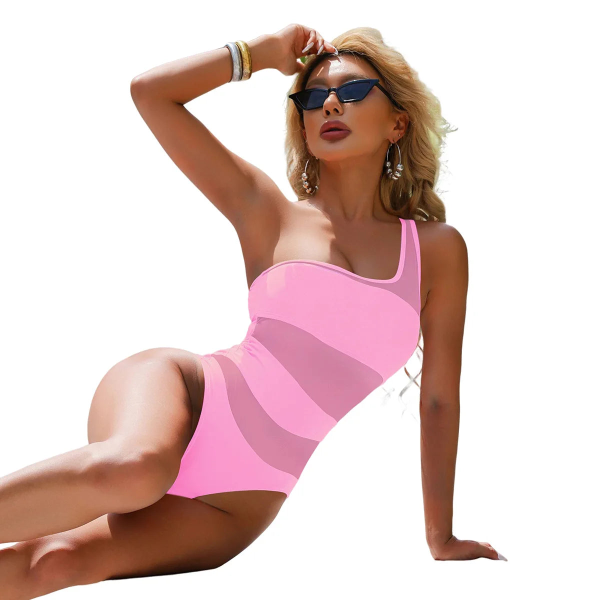 2025 Summer Women's Sexy One Piece Bathing Suits One Shoulder Beach Swimsuits Slimming Mesh Swimwear