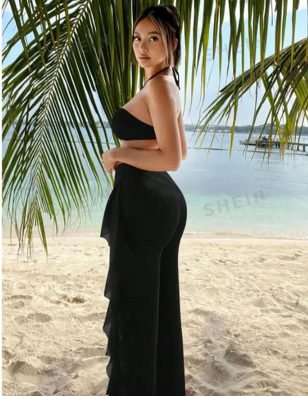 Bikini And Cover Up Set Plain Criss Cross Halter With Ruffle Pants Bandeau Swimsuit Women 2024 Black/White Swimwear Bathing Suit