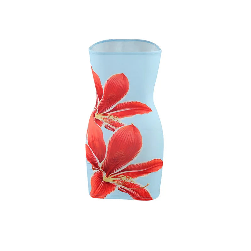 2025 Summer Sexy Women's Breast Top Flower Print Slim-fit Cover Buttock Short Dress Collarless Cover Buttock Skirt