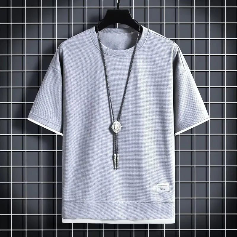 1pcs Men Summer T-Shirt Man Short Sleeved Waffle Solid T-Shirt Male Solid Color Casual Tee Round Men's Round Neck Fashion Top
