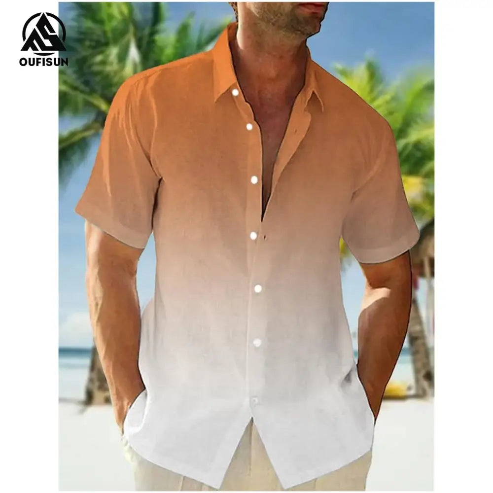 2024 Casual Men's Shirts Summer Clothing Gradient Graphics Apparel Vacation Seaside Oversized Short Sleeve Tops For Male