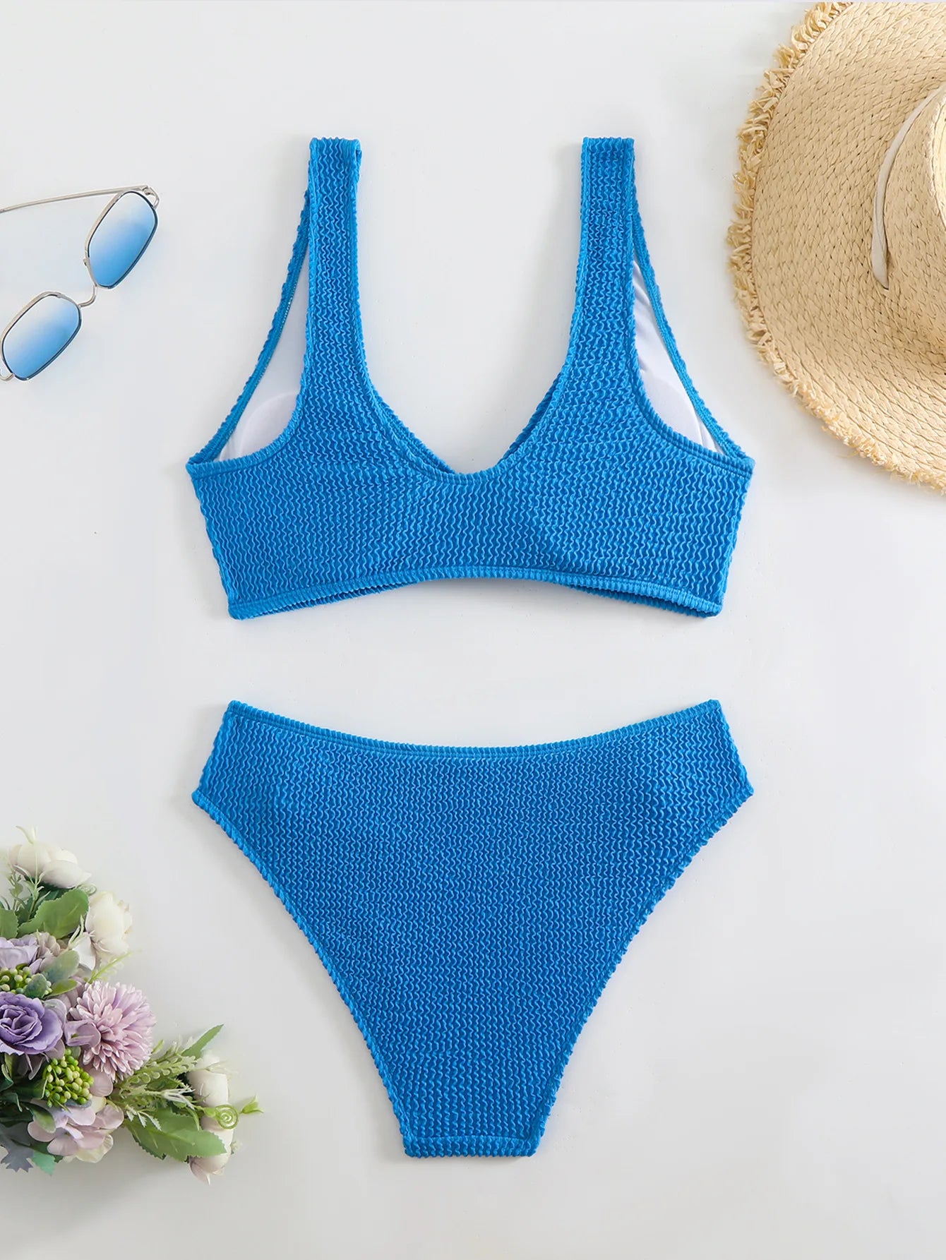 2025 Summer New Women's 2 Piece Swimsuit Solid Color High Waist Bikini Set V-neck Backless Beach Vacation Bathing Suit Swimwear
