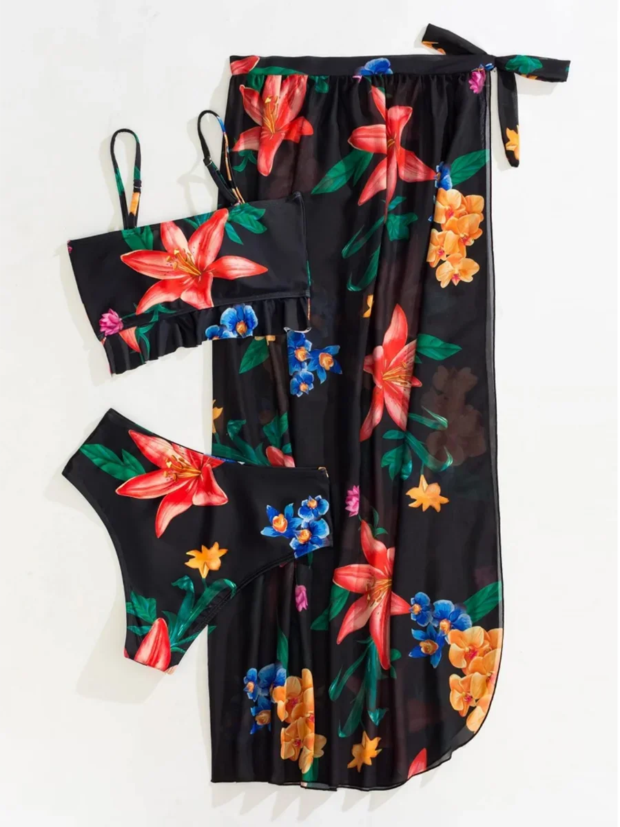 3 Pieces High Waist Swimsuit With Beach Skirt Floral Print Knot Front Bikinis 2025 Women Ruffle Swimwear Female Bathing Suit