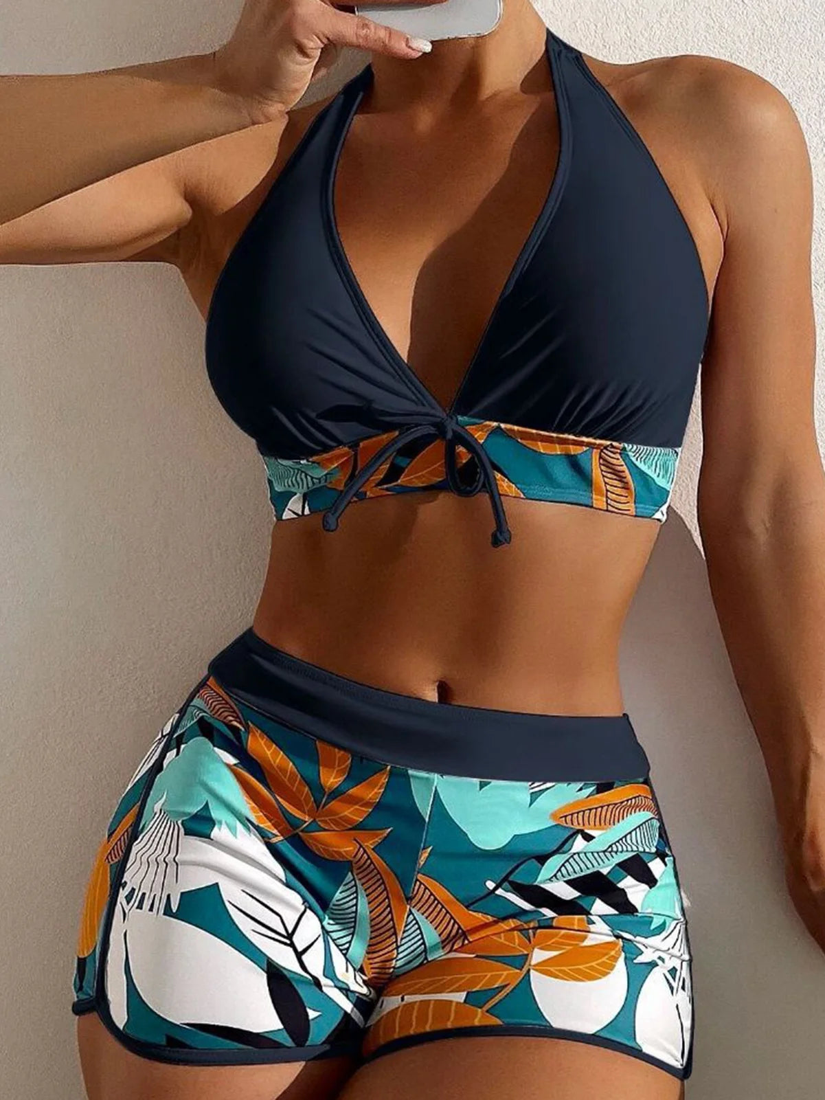 2Pcs/Set Bikinis Set Bowknot Decor Floral Print Bikini Backless Halter Bra High Waist Beachwear Female Beach Clothing