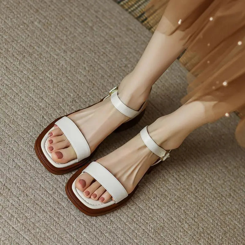 2025 Summer Women Sandals Low Heels Basic Genuine Leather Office Plus Size 35-42 Ladies Casual Outdoor Concise Woman Shoes