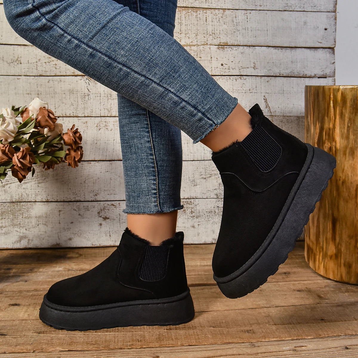 2024 Winter Women Short Plush Warm Snow Boots Casual Shoes New Suede Fur Chelsea Ankle Boots Flats Platform Ladies Shoes Botas