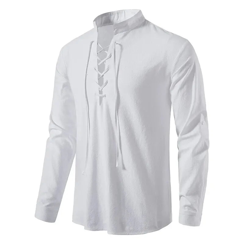 King Billion Men's Shirts Casual Men Cotton Linen Long Sleeve T-shirt Spring Autumn Vintage Shirt US Size Drawstring Neck