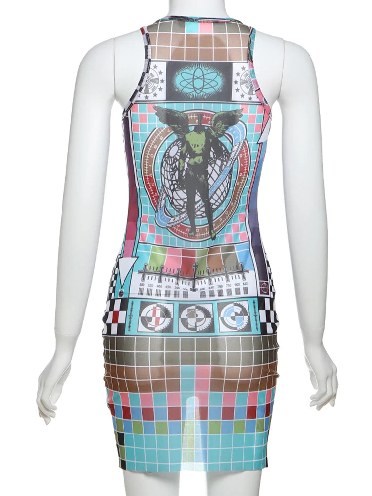 Weird Puss Aesthetic Print Dress Women See Through Sleeveless Skinny Colorful Hipster Skinny o-Neck Summer Trend Club Bodycon