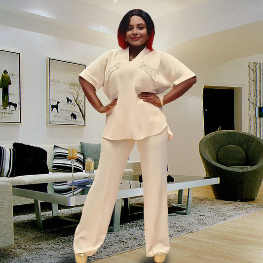 Casual African Clothes for Women Plus Size Summer Outfits Tracksuit Tops Pants 2 Piece Suit Beading Ankara Dashiki Matching Sets