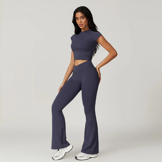 Two Piece Short Sleeve Sport Yoga Set Outfit Fitness Gym Set Workout Clothes for Women Flare Leggings Sportwear Women Tracksuit