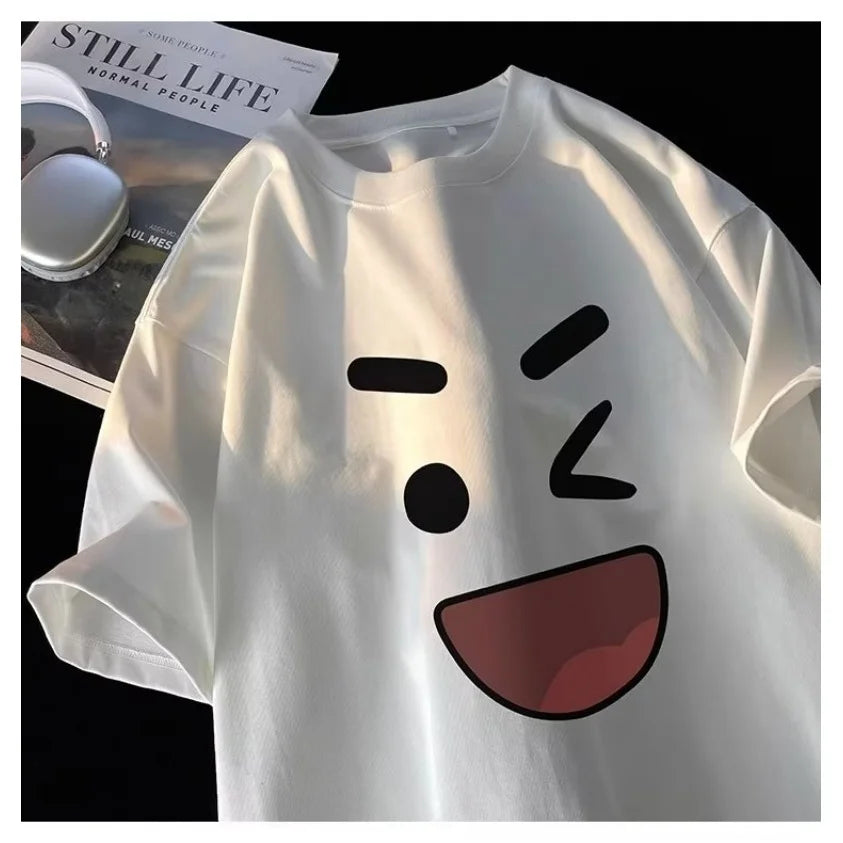 8XL Korean loose fit fashionable trendy American retro happy emotional T-shirt casual men multifunctional couple set
