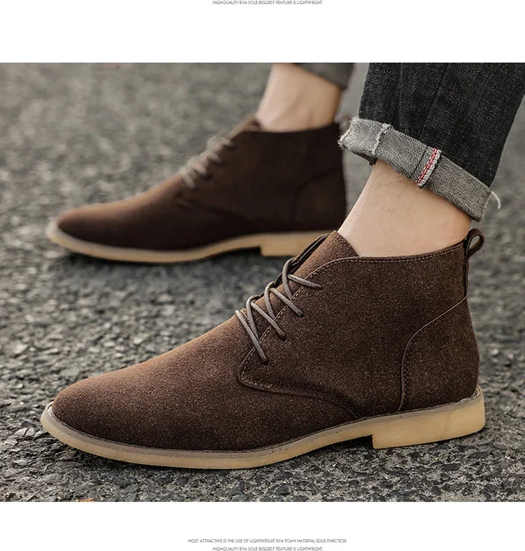 British Style Brown Men’s Suede Leather Boots Comfort Chelsea Boots Men Lace-Up Pointed Ankle Boots For Men botas para hombre