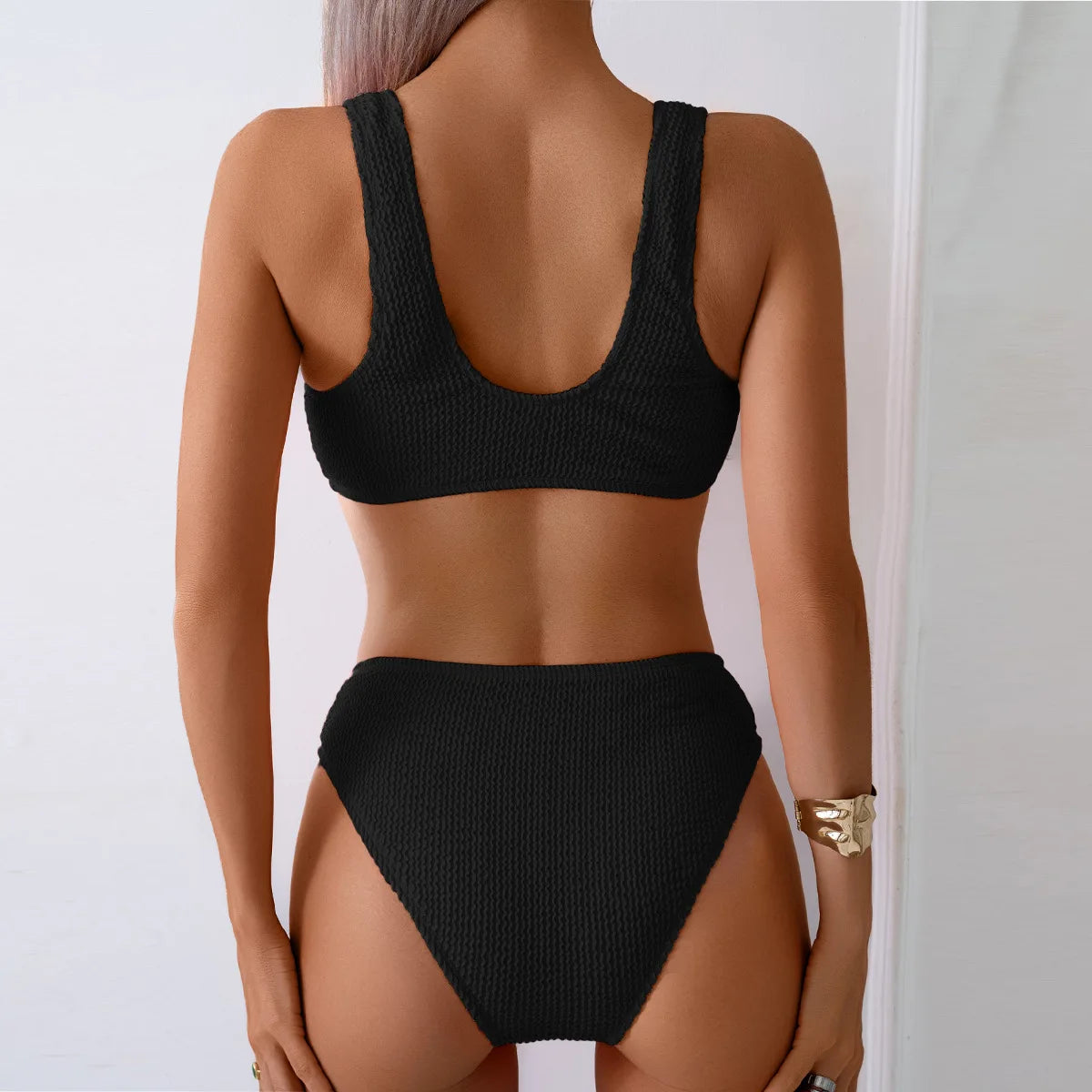 2025 Summer New Women's 2 Piece Swimsuit Solid Color High Waist Bikini Set V-neck Backless Beach Vacation Bathing Suit Swimwear