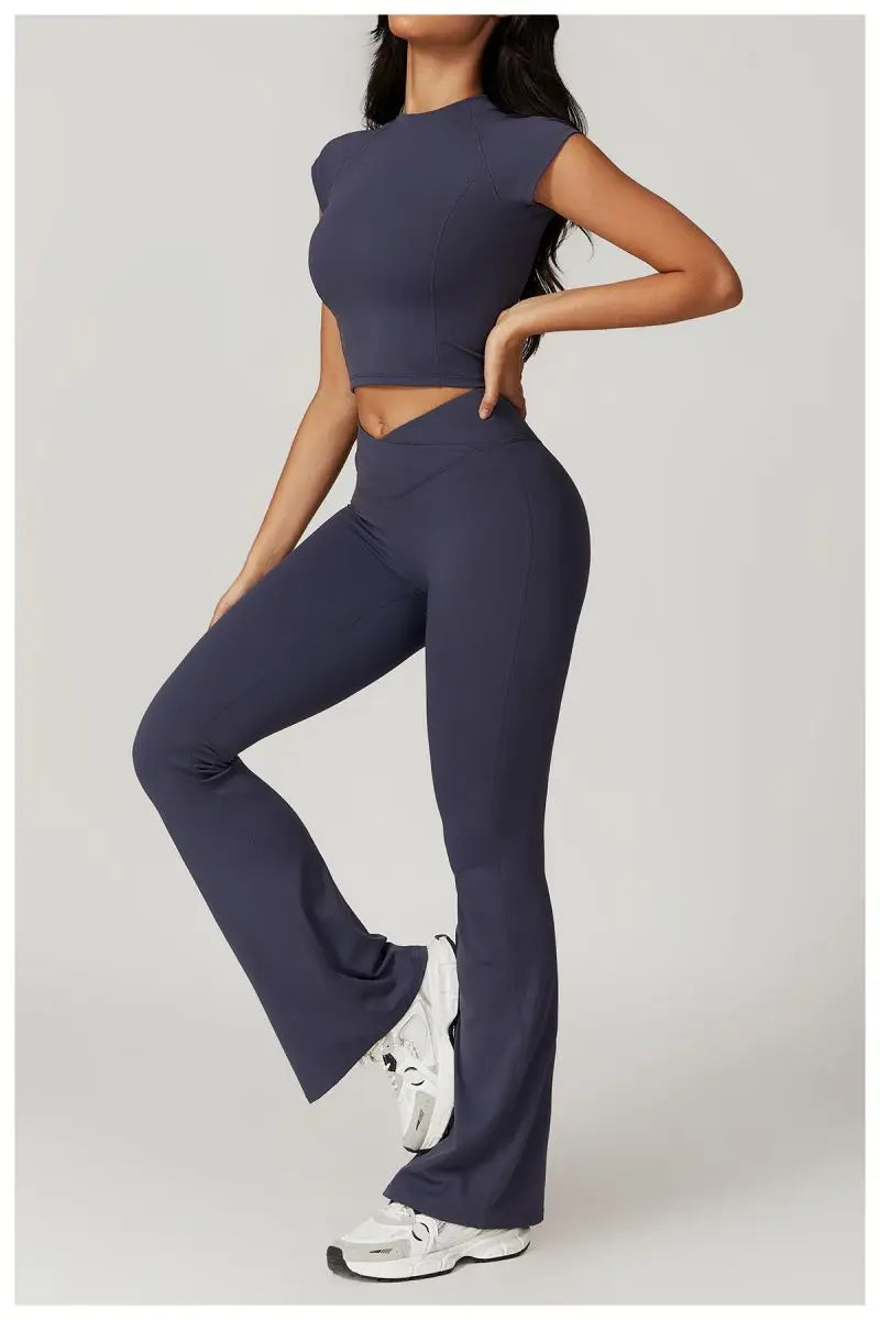 Two Piece Short Sleeve Sport Yoga Set Outfit Fitness Gym Set Workout Clothes for Women Flare Leggings Sportwear Women Tracksuit