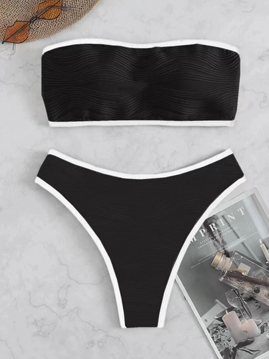 2023 Women Sexy Thong Swimsuit Push Up Swimwear Contrast Binding Bandeau Bikinis Female Bathing Suit Swimming Summer Beachwear