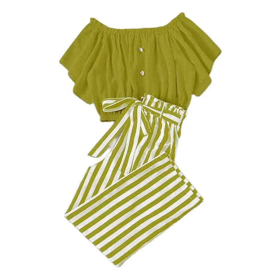 2024 New Summer Plus Size Women's Two-Piece Set Striped Printed Two-Piece Short Sleeve Set
