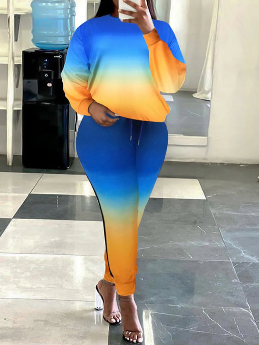 4XL 5XL LW Women Autumn&Winter Plus Size Casual Gradient Print Striped Drawstring Long Sleeve Round Neck Two Pieces Pants Set