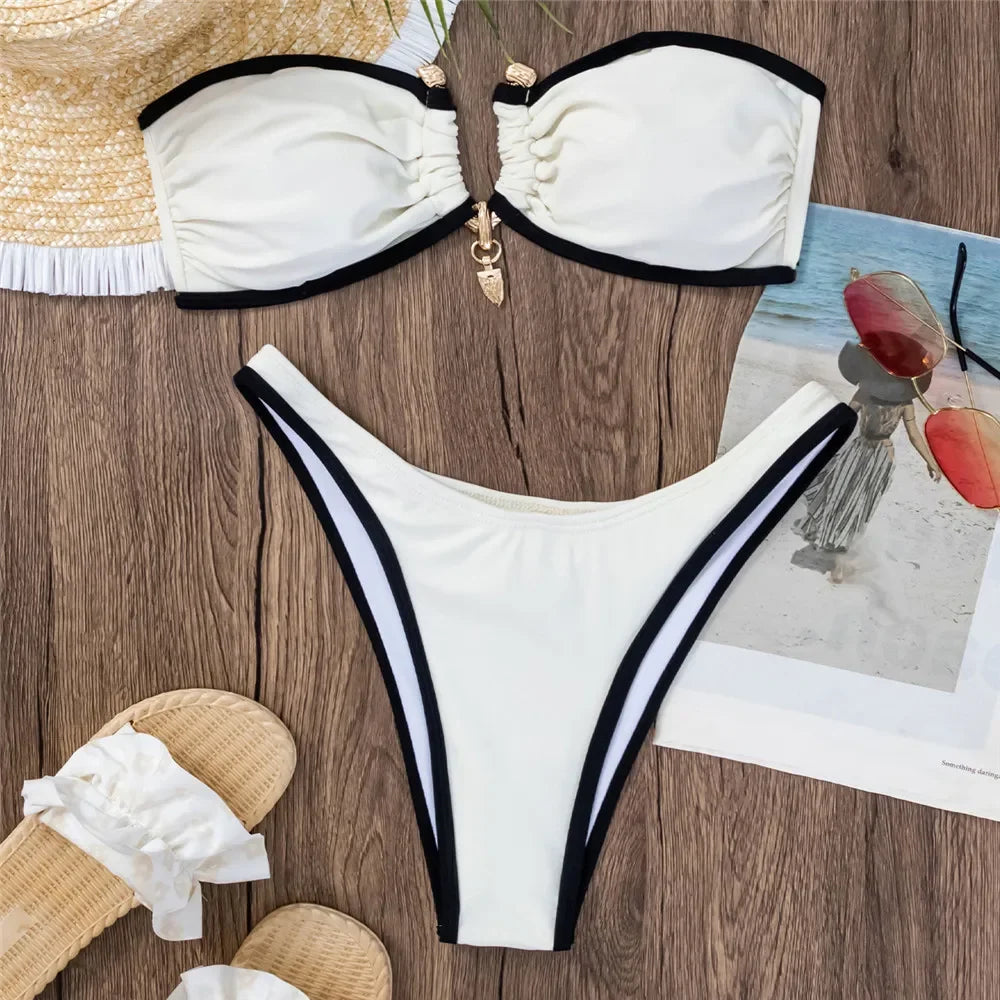 Brown Bandeau Bikinis Sets 2025 Sexy Swimsuit Women Contrast Color Swimwear Metal Buckle High Cut Bathing Suit Bikinis De Mujer