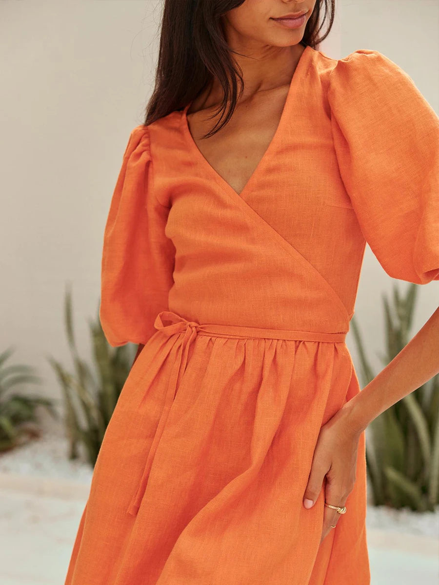 Bornladies 100% Cotton V-neck Waist Cinched Dress Unique Lantern Sleeve Sexy Slit Long Skirt Fashionable Women's Casual Dresses